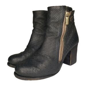 A.S.98 Ankle Heeled Bootie Black Leather Laser Cut Round Toe Side Zip Size 38